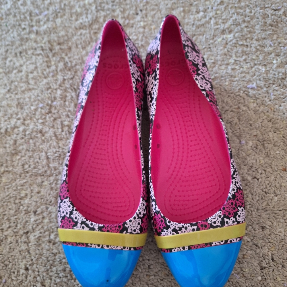 CROCS Women's Floral Flats - Blue, Pink, and Yellow